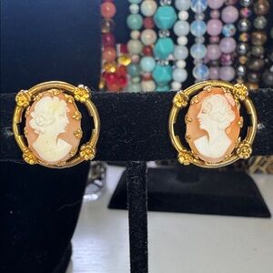 Vintage Genuine Carved Shell Cameo Sterling Vermeil Screw Back Earrings